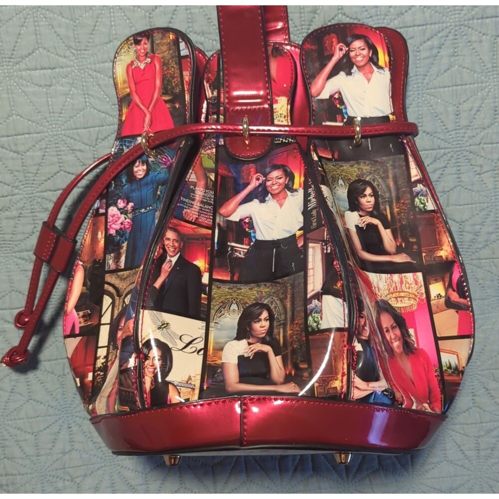 Michelle Obama Diophy Bucket Hobo Bag Patent Red Collage Crossbody Adjustable